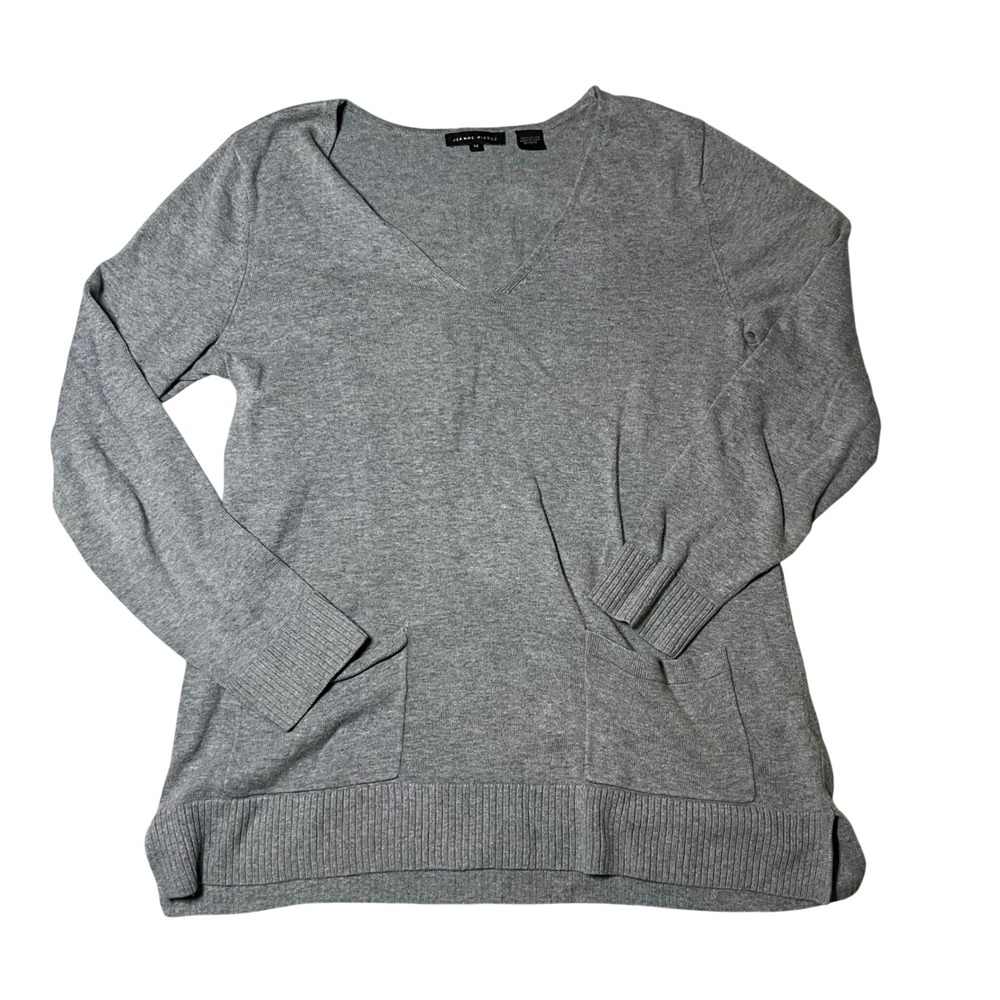Jeanne Pierre Womens Heather Gray 100% Cotton V-Neck Pocket Sweater Medium